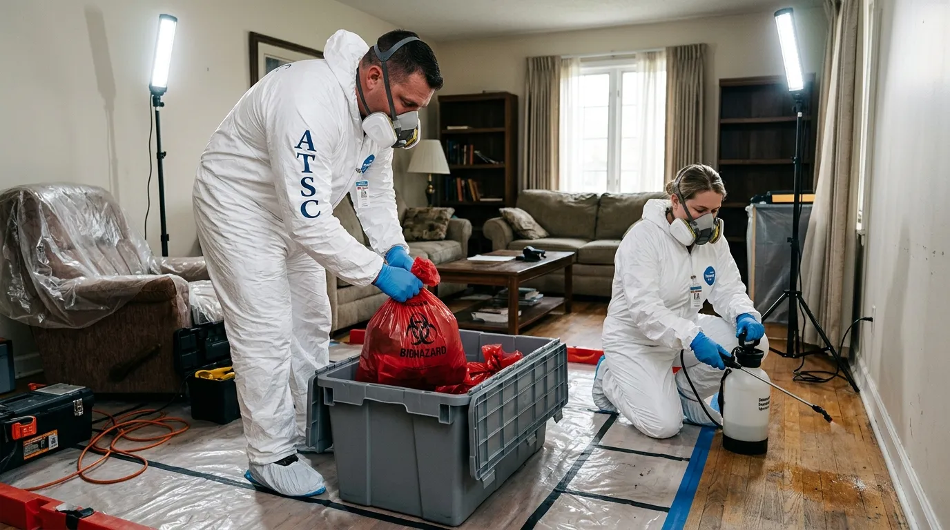 Professional Hazmat Cleanup technician in full PPE working in Central City